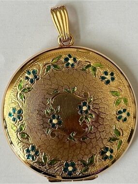 Vintage VAN DELL 12k Gold-Filled Large Round Etched Floral Enamel Photo Locket